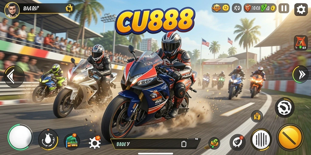 Tangkapan layar gameplay CU888 yang menampilkan balapan motor seru.