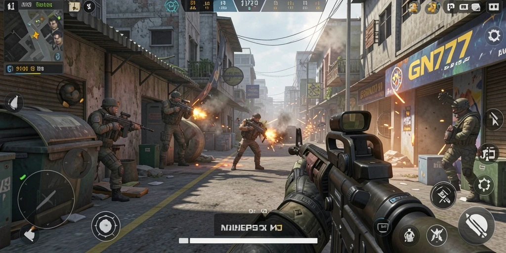 Screenshot gameplay GN777 menampilkan aksi tembak-menembak yang intens.