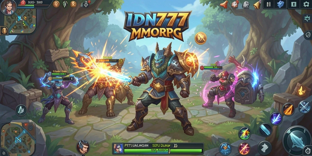 Screenshot gameplay IDN777 menampilkan aksi pertempuran MMORPG yang mendebarkan.