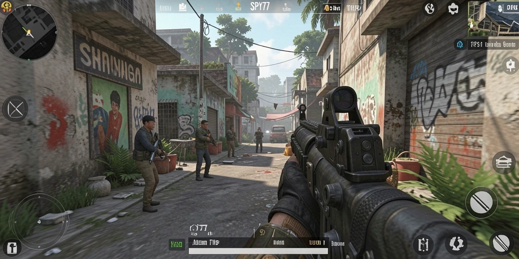 Screenshot gameplay SPY77 menunjukkan aksi intens di medan perang.